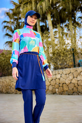 Marina │ Modest Swimwear Set 4-Piece Navy Blue with Colorful Top - M2511